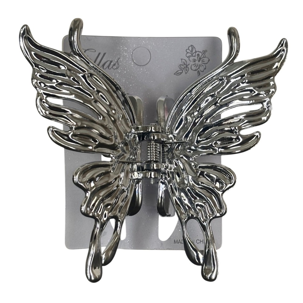 Ellas Silver Butterfly Hair Claw Clip Liquid Metal Chrome Y2K Accessory